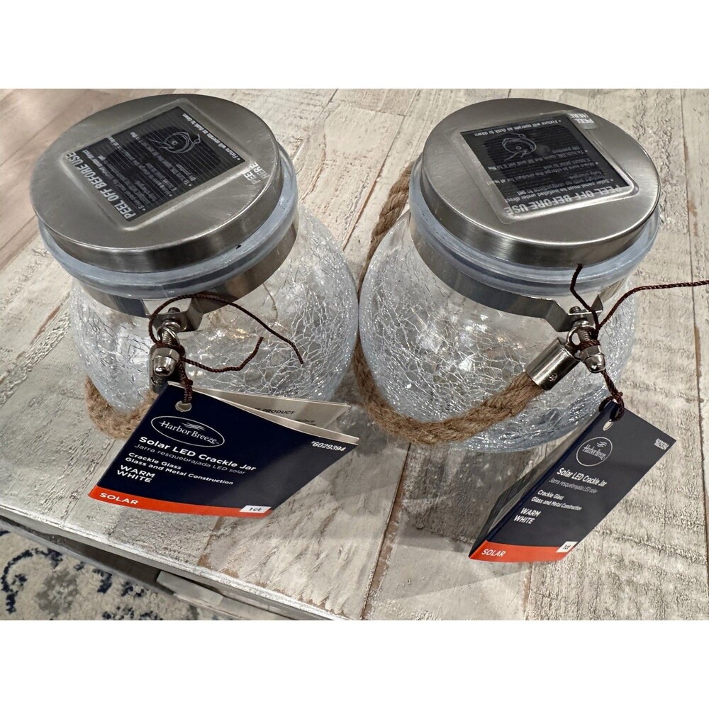 2 Harbor Breeze Solar LED Crackle Jar Light Warm White Glass/Metal Dusk-to-Dawn